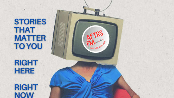 Woman sitting on a chair with a television on her head, the screen has a logo to represent the AFTRS FM radio station.